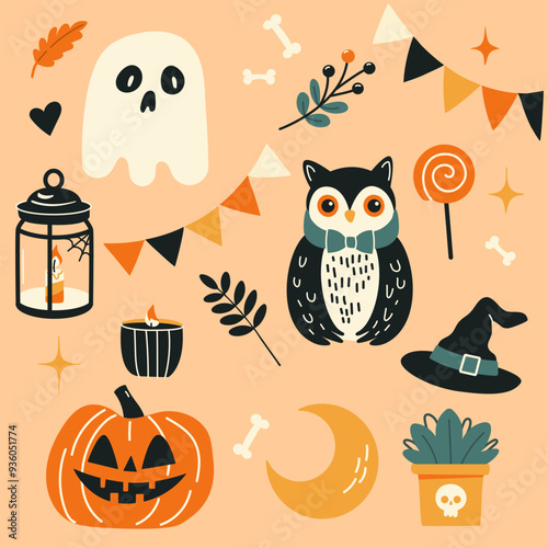 Halloween themed art with pumpkin, ghost, owl and other Halloween decorations. The scene is creepy and festive