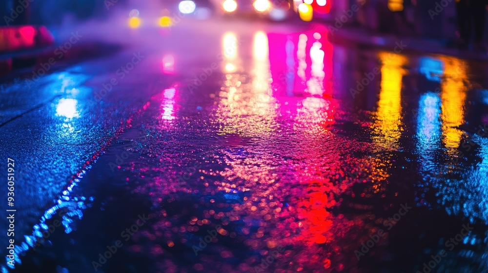 The background of wet asphalt, the reflection of the night lights of the city, neon light, smoke The background of wet asphalt, the reflection of the night lights of the city, neon light, smoke