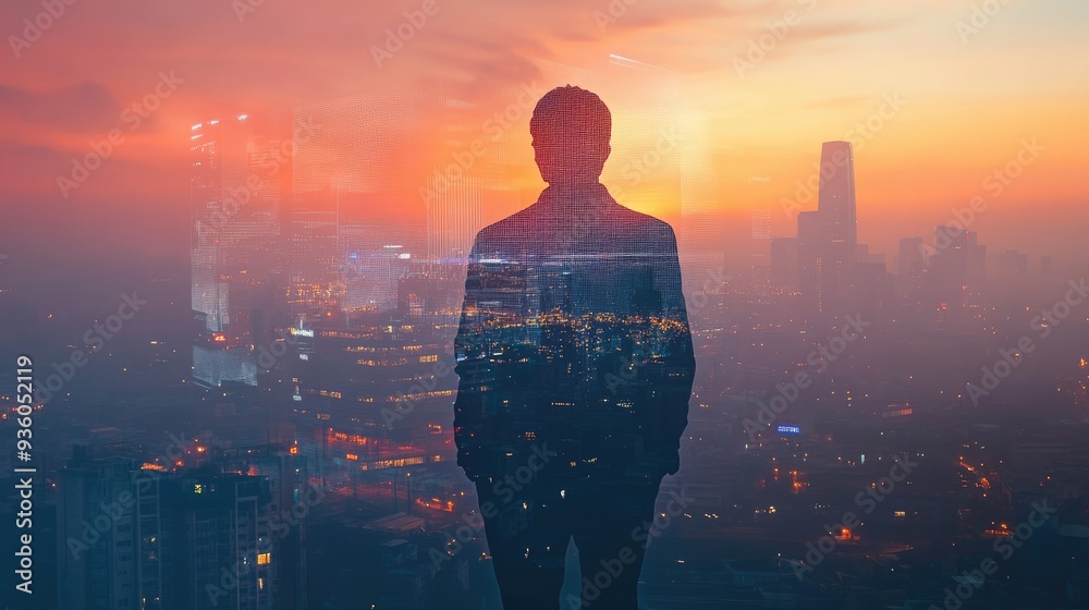 Fototapeta premium The double exposure image of the businessman standing back during sunrise overlay with cityscape image. The concept of modern life, business, city life and internet of things.