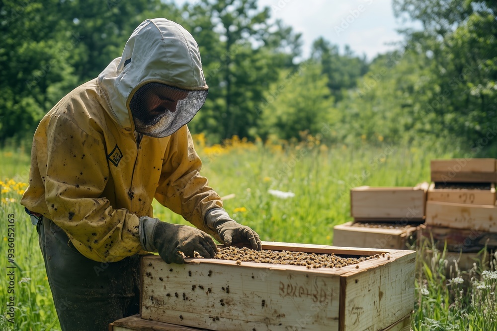 Beekeeper inspects hive boxes in a lush green field during summer Beekeeper inspects hive boxes in a lush green field during summer