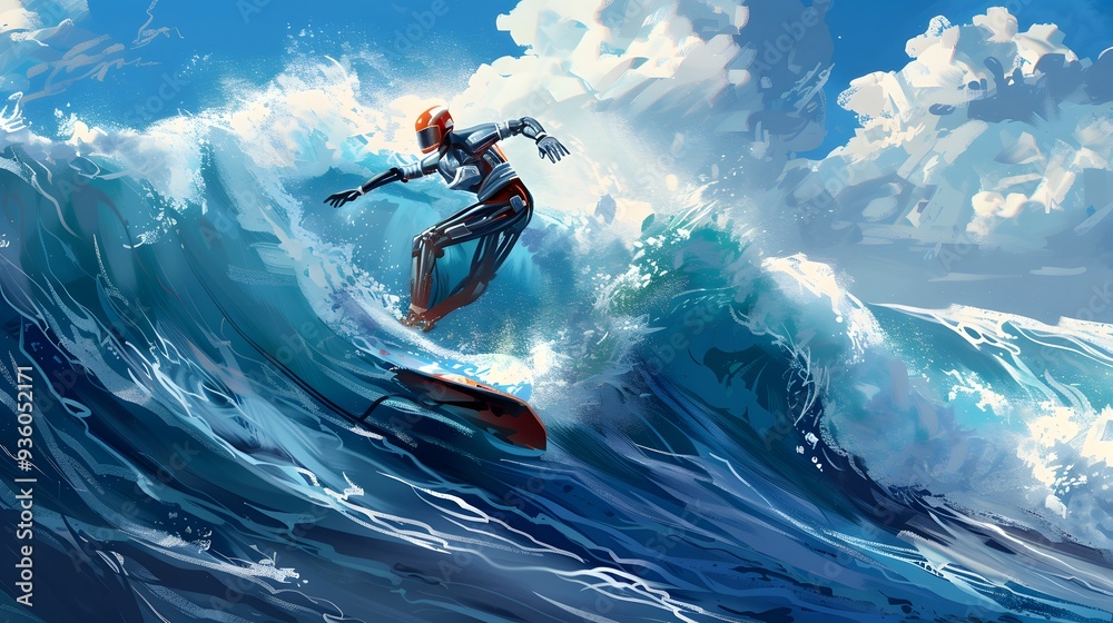 Robot Surfer Riding Wave: A robot surfer maintaining balance and grace while riding a massive wave.
Robot Surfer Riding Wave: A robot surfer maintaining balance and grace while riding a massive wave.