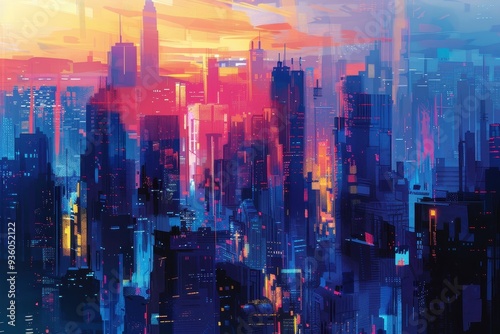 Wallpaper Mural Futuristic Cityscape with Neon Lights and Colorful Sky Torontodigital.ca