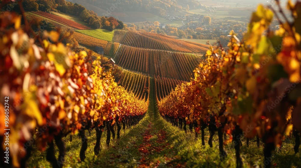 Fototapeta premium The view of beautifully planted vineyards during grape harvest in autumn. The generation of AI