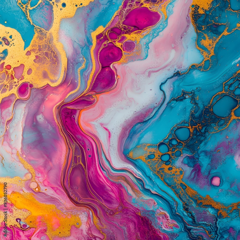 Abstrakte Fluid Art – Fließende Farben in Pink, Blau und Gold