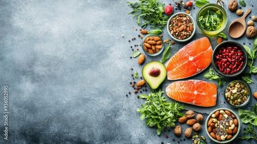 Top view of a variety of healthy foods, including fresh produce, nuts, and fish, on a concrete background. Ideal for wellness and nutrition themes.