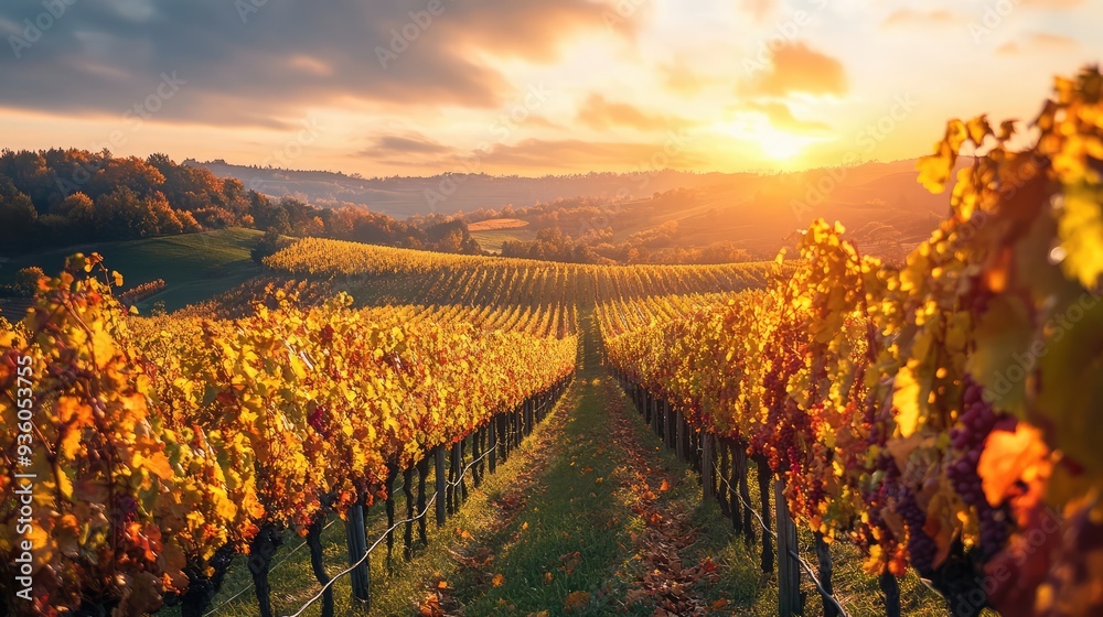 Naklejka premium The view of beautifully planted vineyards during grape harvest in autumn. The generation of AI