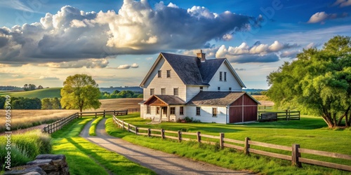 Scenic view of a traditional farmhouse in a rural landscape setting