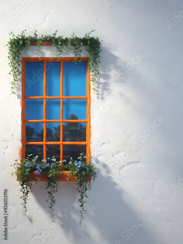 White wall with orange window frame and blue trumpet flowers cascading down