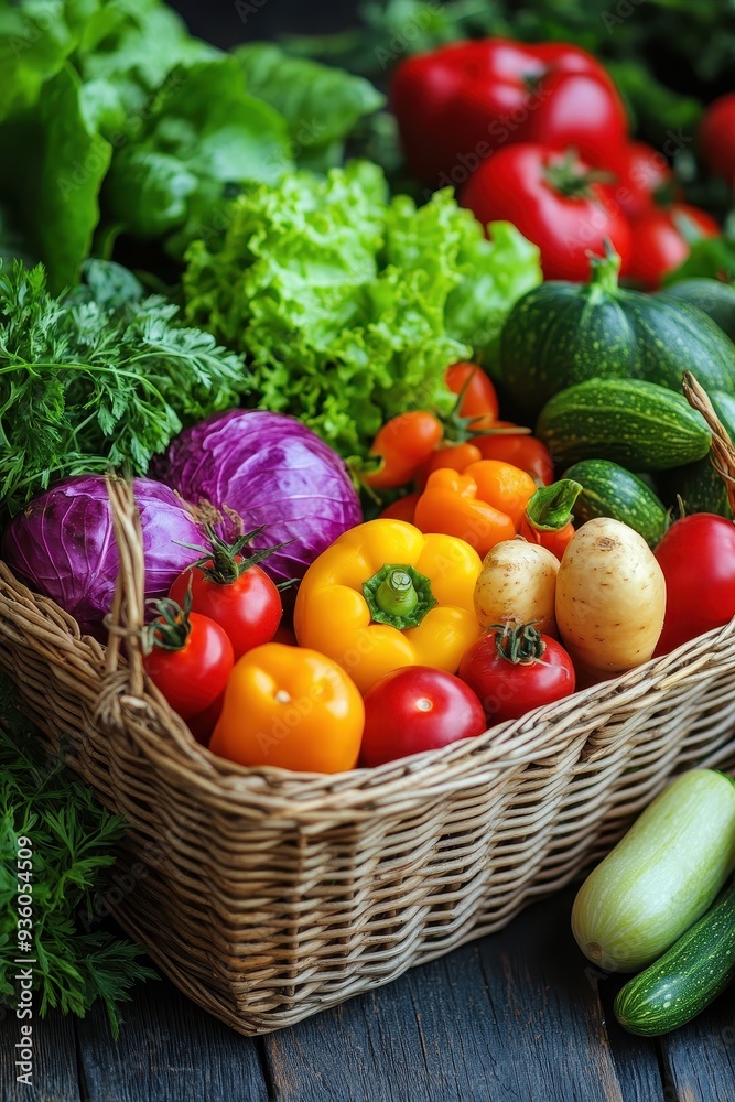 Fresh Organic Vegetables in a Wicker Basket on Wooden Table - Vibrant and Healthy Produce Fresh Organic Vegetables in a Wicker Basket on Wooden Table - Vibrant and Healthy Produce