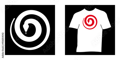 2025 - nouvel an chinois - serpent en forme de rond spirale blanche sur un fond noir ou rouge pour une impression sur un T shirt blanc.