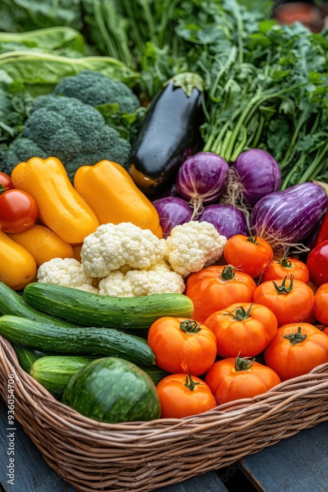Fresh Organic Vegetables in a Wicker Basket Displayed at a Farmers Market Fresh Organic Vegetables in a Wicker Basket Displayed at a Farmers Market