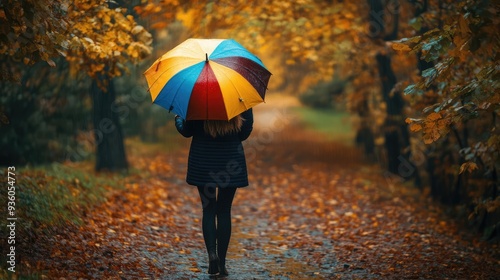 Woman with colorful umbrella walks in autumn forest, back view. The generation of AI