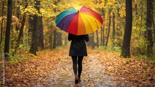 Woman with colorful umbrella walks in autumn forest, back view. The generation of AI