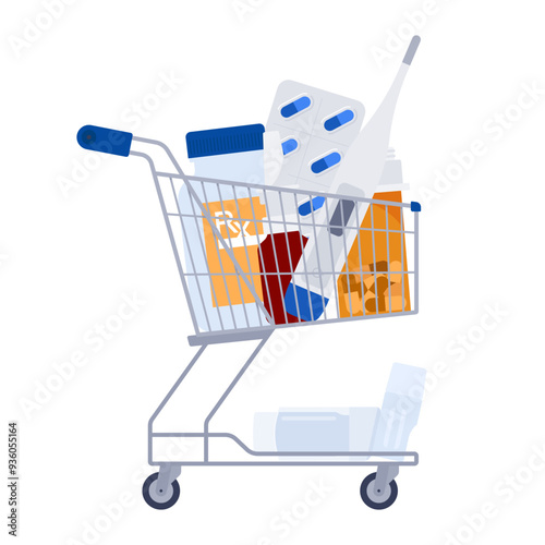 Shopping trolley with medication inside - pills, capsule, thermometer, syrup. Purchase of medicines, pharmacy, medical expenses, insurance. Simplicity flat vector illustration. Still life, isolated