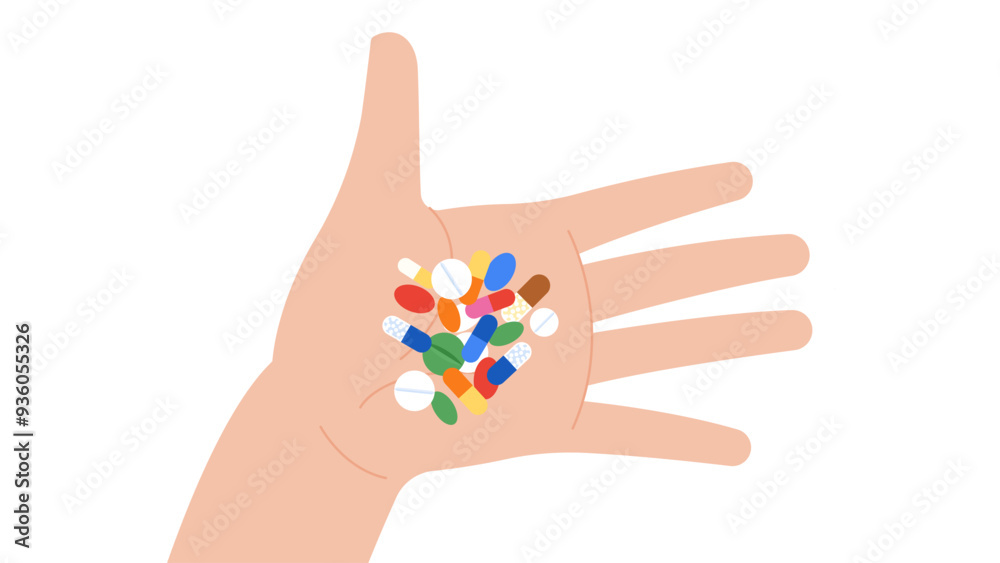 Open hand palm with Medication - various colorful pill, capsule,, anti-depressant, painkillers. Medicine and Health care concept. Simplicity flat vector illustration, isolated Open hand palm with Medication - various colorful pill, capsule,, anti-depressant, painkillers. Medicine and Health care concept. Simplicity flat vector illustration, isolated