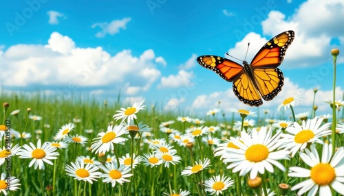 Spring summer landscape with field flowers of daisies and fluttering butterfly on background blue sky with clouds in nature. Colorful artistic image beauty of environment, ai