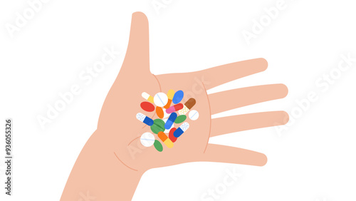 Open hand palm with Medication - various colorful pill, capsule,, anti-depressant, painkillers. Medicine and Health care concept. Simplicity flat vector illustration, isolated