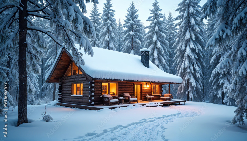 Fototapeta premium Cozy winter cabin in a snowy forest