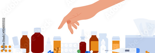 Set of drugs such as pills, drops, capsules, pill bottles, syrup, etc. Medication horizontal banner or background. Medicine, pharmacy, health care concept. Simplicity flat vector illustration