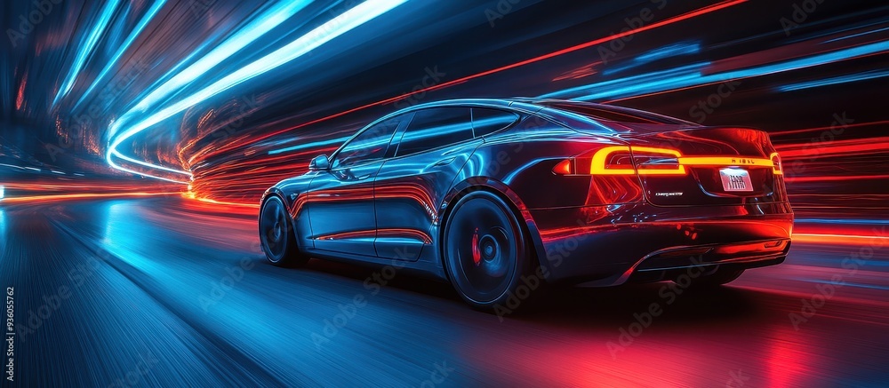 Sleek Electric Car Speeding Through Neon-Lit City Streets at Night Sleek Electric Car Speeding Through Neon-Lit City Streets at Night