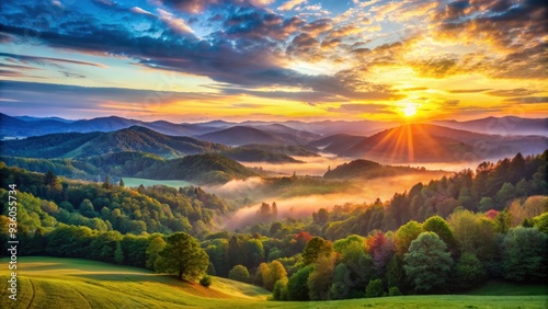 Vibrant Tennessee sunrise over rolling hills and valleys with a colorful sky