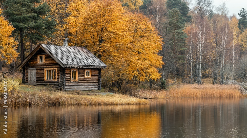 Autumn season, wooden house on the shore of the lake. The generation of AI Autumn season, wooden house on the shore of the lake. The generation of AI