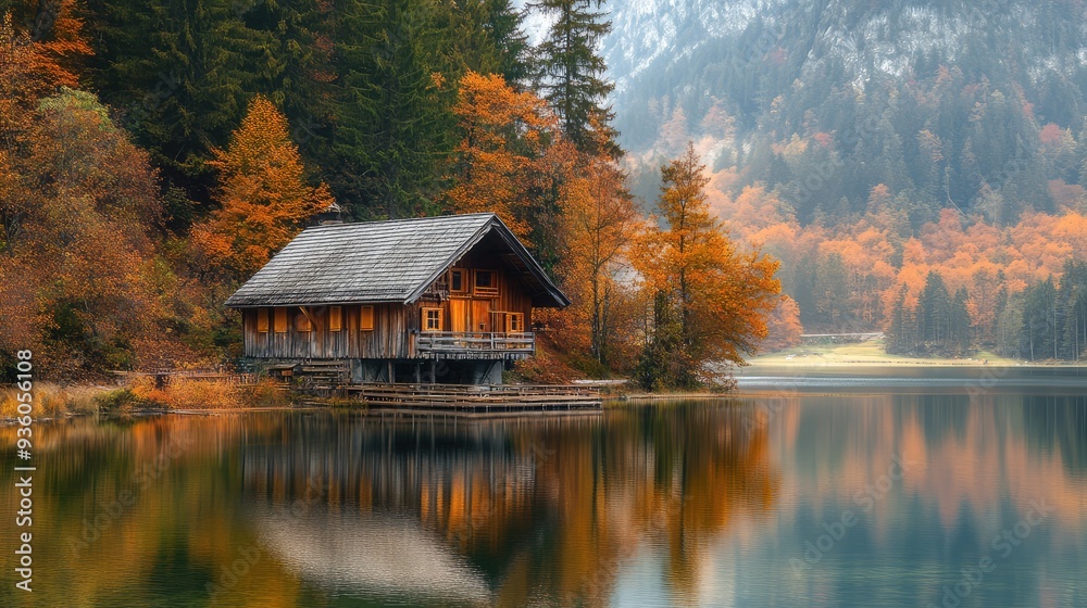 Autumn season, wooden house on the shore of the lake. The generation of AI Autumn season, wooden house on the shore of the lake. The generation of AI