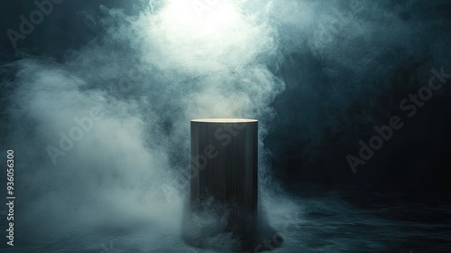 Wooden cylinder display stand in a dark abstract setting, enhanced by rising smoke and a bright spotlight.