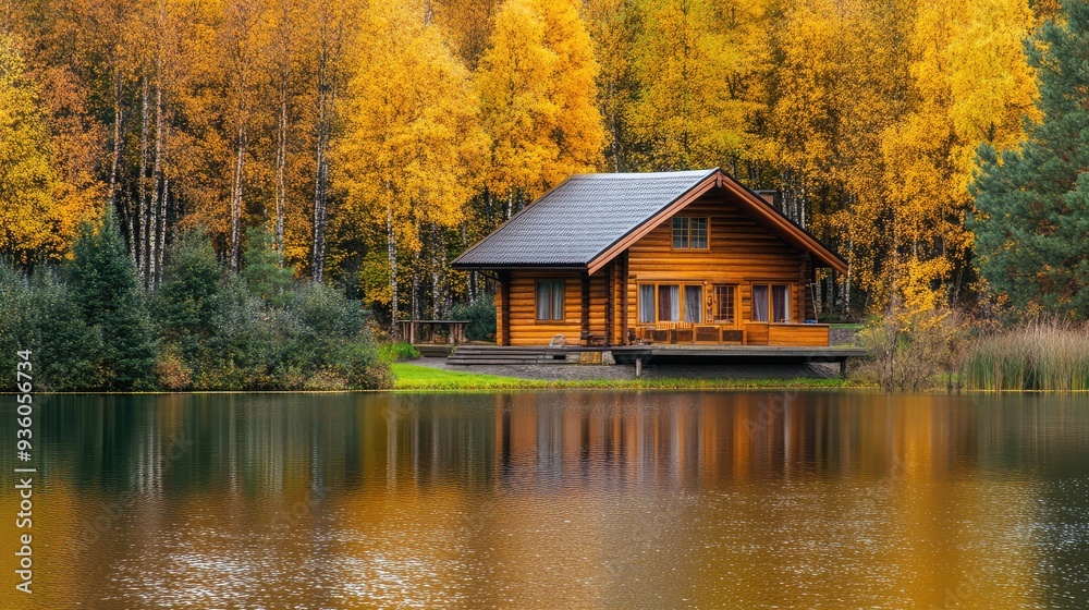 Autumn season, wooden house on the shore of the lake. The generation of AI Autumn season, wooden house on the shore of the lake. The generation of AI