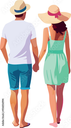 Young couple wearing summer clothes holding hands walking away-