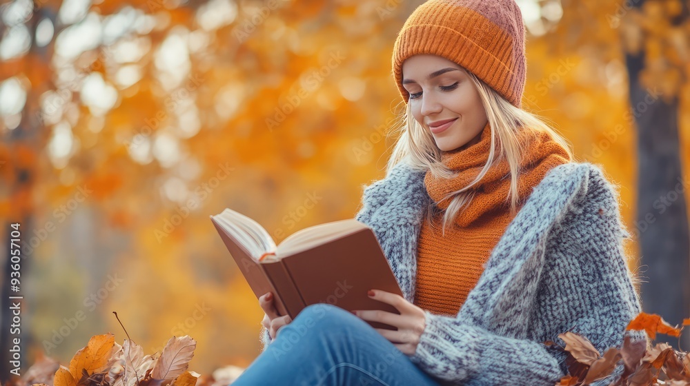 Obraz premium A young woman sits and reads a book against an autumn landscape. The generation of AI