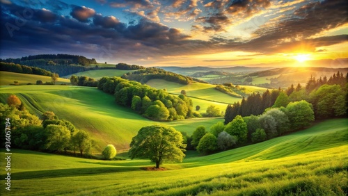 Fototapeta Naklejka Na Ścianę i Meble -  Lush green fields and trees under a summer sunset in rolling hills