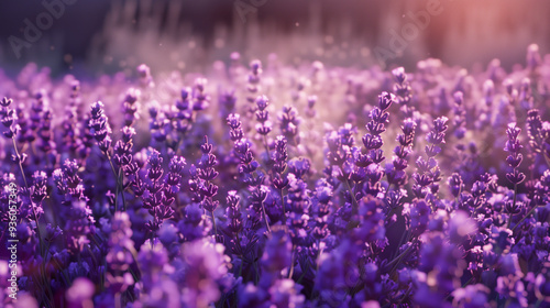 Fields of blooming lavender at sunset, saturated purple colors create an atmosphere of tranquility