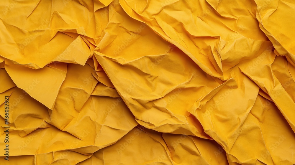 Close-up of crumpled yellow fabric with a textured surface and numerous folds and creases. Close-up of crumpled yellow fabric with a textured surface and numerous folds and creases.
