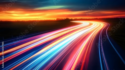 Highway Colorful Light Trails, Digital Marketing Speed Movement, Dark Blue Background, Orange-Toned Sunset Sky