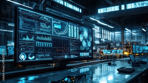 A digital twin of a factory floor displayed on a large monitor with real-time data streams and analytics showing predictive maintenance alerts in a high-tech industrial control room