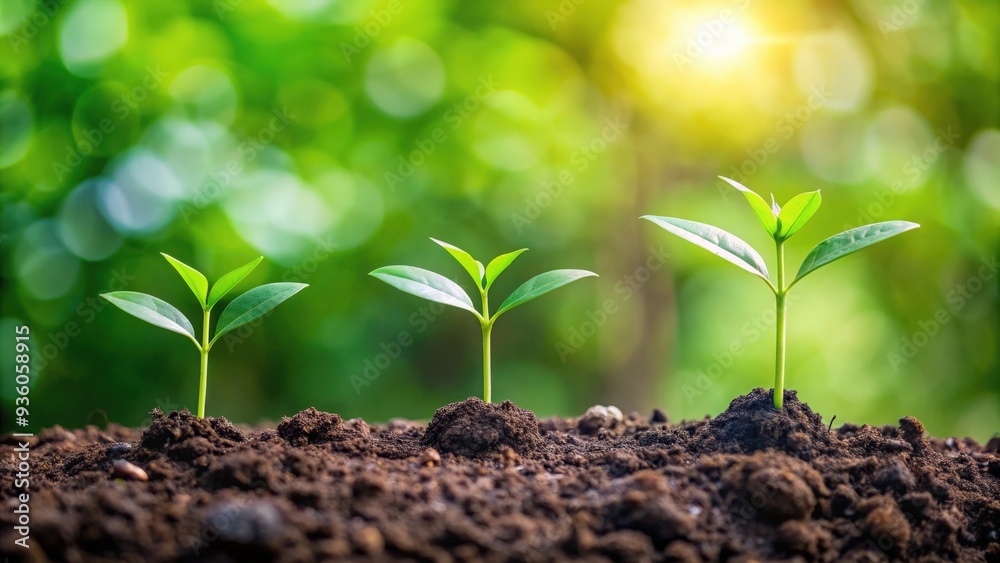 Three saplings growing on soil with natural green background Three saplings growing on soil with natural green background