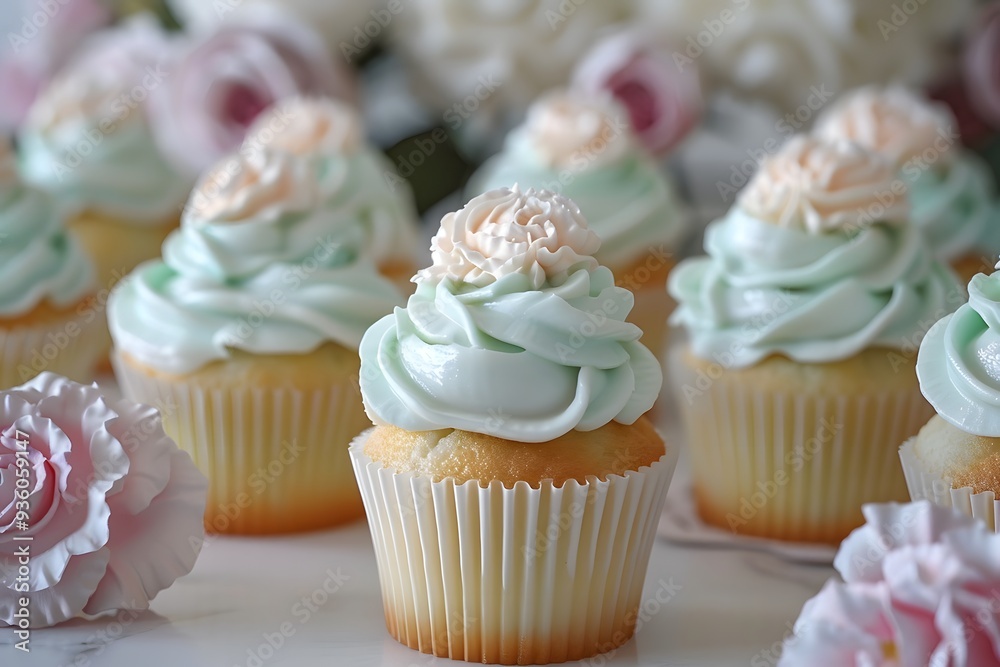 Mint Green Cupcakes Decorated with Pink Flowers Mint Green Cupcakes Decorated with Pink Flowers