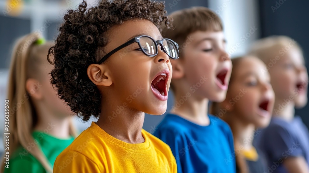 Students practicing in a school choir, singing in harmony. Students practicing in a school choir, singing in harmony.