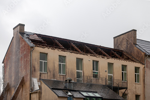 Aftermath of Storm Ciaran on a primary school roof in La Feuillée