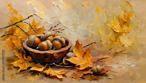 A cozy autumn still life featuring a collection of autumn leaves and acorns. Oil painting