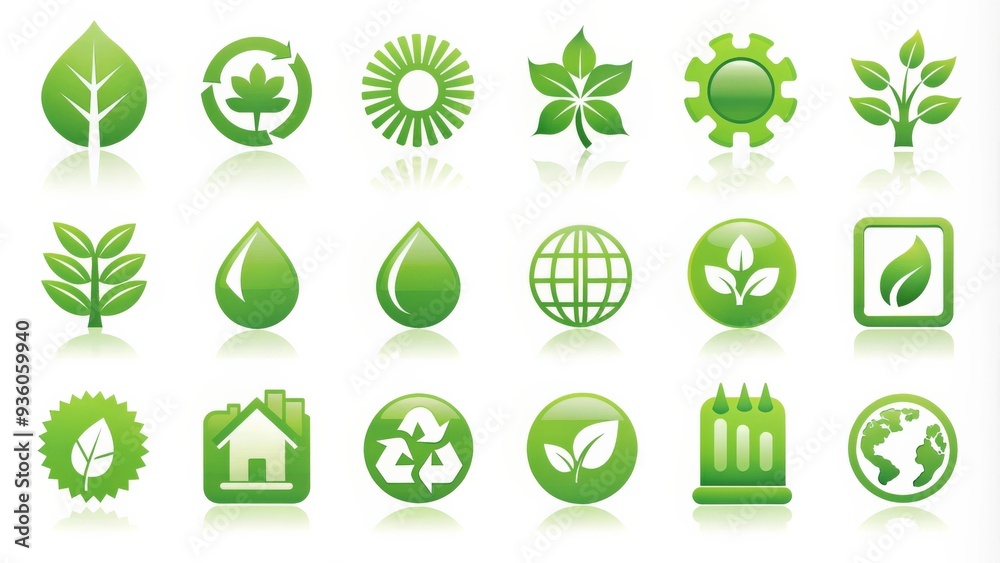 A collection of green natural icons representing eco-friendly concepts A collection of green natural icons representing eco-friendly concepts