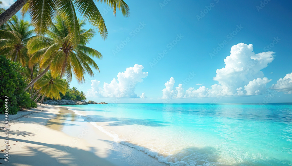 Tropical beach paradise with palm trees and crystal-clear water Tropical beach paradise with palm trees and crystal-clear water