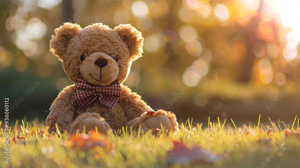 Brown teddy bear with cool bow tie on grass field in beautiful day autumn season Brown teddy bear with cool bow tie on grass field in beautiful day autumn season