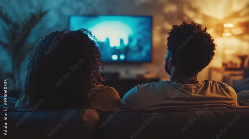 An African American couple enjoys a peaceful evening on their couch, watching a movie together in a warm and intimate setting An African American couple enjoys a peaceful evening on their couch, watching a movie together in a warm and intimate setting