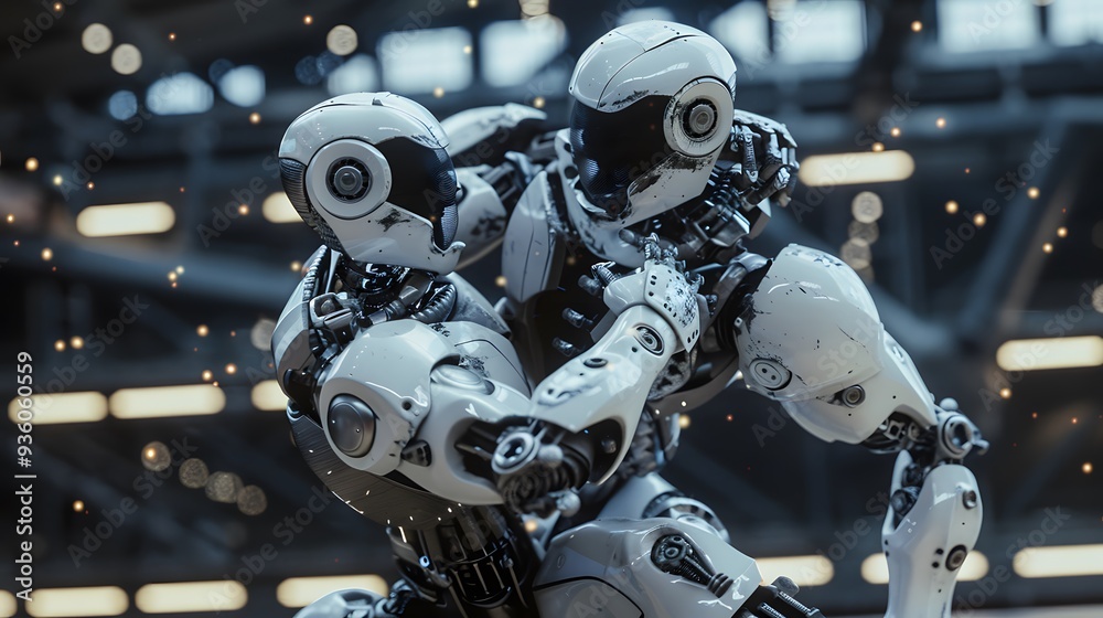 Robot Wrestler Grappling Opponent: A powerful robot wrestler in the midst of grappling its opponent.
Robot Wrestler Grappling Opponent: A powerful robot wrestler in the midst of grappling its opponent.