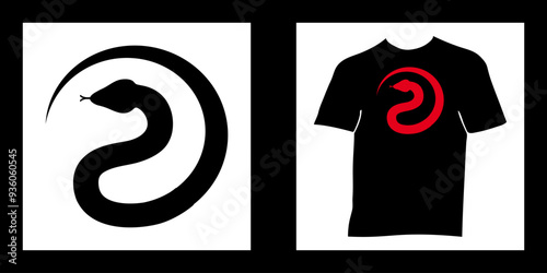 2025 - nouvel an chinois - serpent noir en forme de rond, inspiré du symbole yin yang, ou rouge pour une impression sur un T-shirt noir.