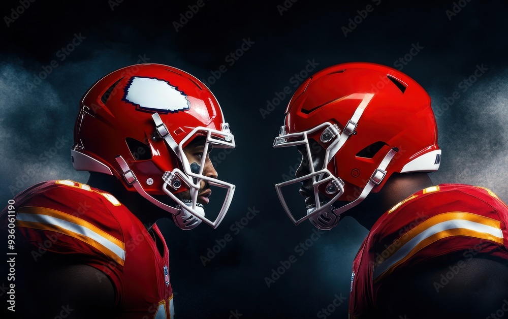 Intense face-off between two football players in red uniforms, showcasing teamwork, competition, and the spirit of sports. Perfect for sports marketing and promotional materials. Intense face-off between two football players in red uniforms, showcasing teamwork, competition, and the spirit of sports. Perfect for sports marketing and promotional materials.