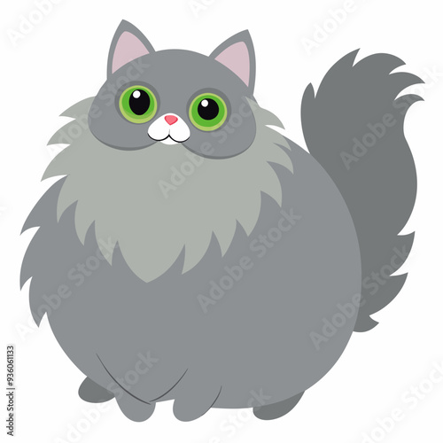 A grey,  cat with large green eyes and a bushy tail.