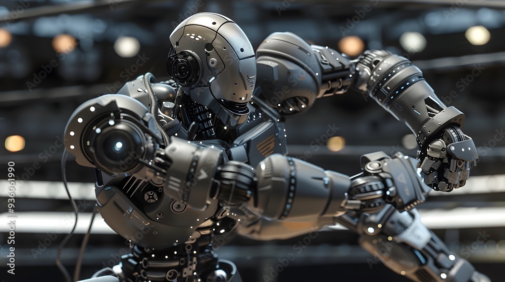 Robot Wrestler Grappling Opponent: A powerful robot wrestler in the midst of grappling its opponent.
Robot Wrestler Grappling Opponent: A powerful robot wrestler in the midst of grappling its opponent.
